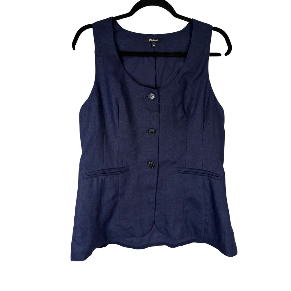 Madewell Navy Blue 100% Linen Button Front Waistcoat Vest Size 10